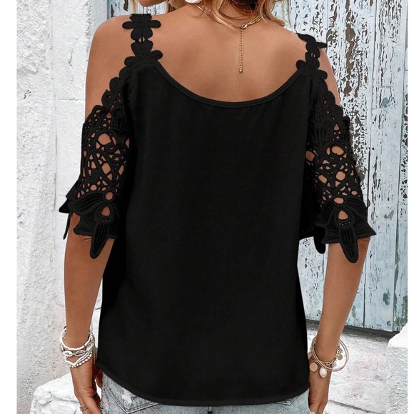 Boho Floral lace Cold Shoulder Loose Fit Top - Picture 7 of 8